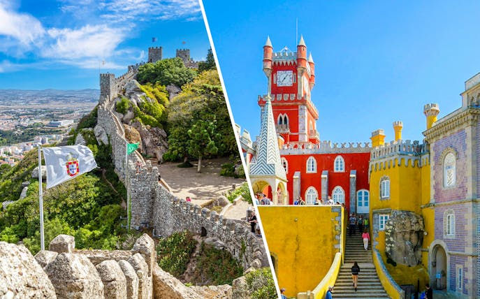Moorish Castle walls and colorful Pena Palace in Sintra, Portugal.
